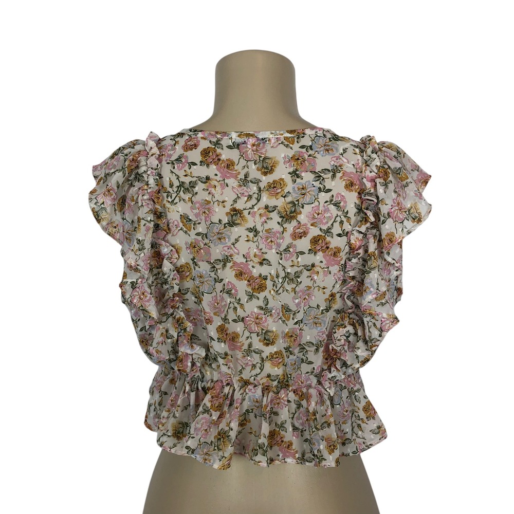 Fashion Nova Floral Print Ruffle Wrap Crop Top Size S Cream V-Neck Coquette Y2K - Picture 5 of 8